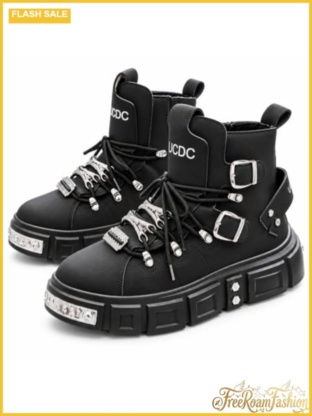 Faux Leather Goth Combat Boots Chunky Buckle Rivet Platform Lace-Up